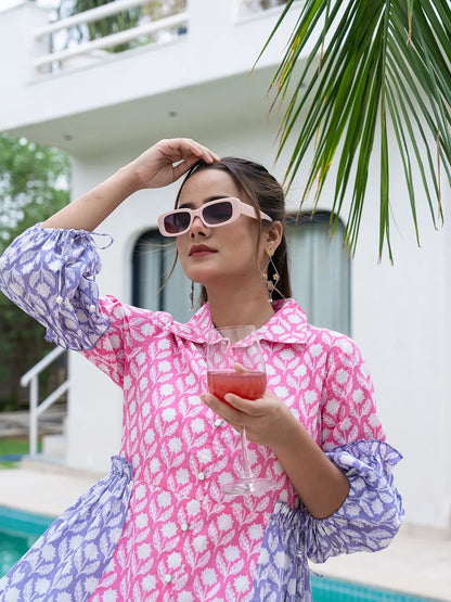 Yufta Pink Pure Cotton Colourblocking A-Line Dress