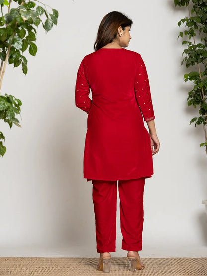 Yufta Pink Velvet Embroidered Co-Ord Set With Cotton Lining