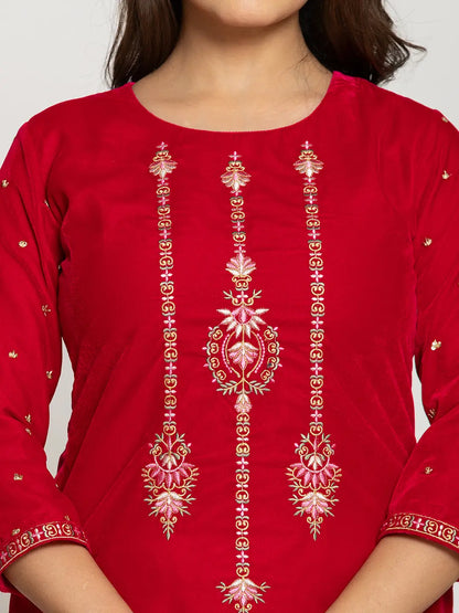 Yufta Pink Velvet Embroidered Co-Ord Set With Cotton Lining