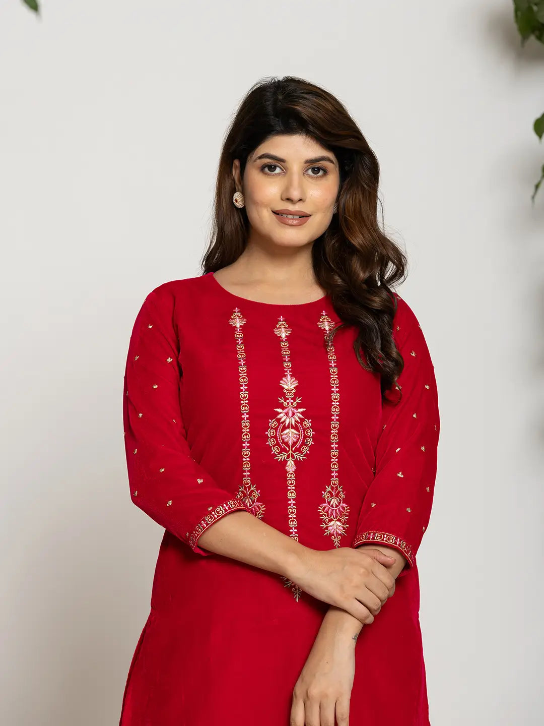 Yufta Pink Velvet Embroidered Co-Ord Set With Cotton Lining