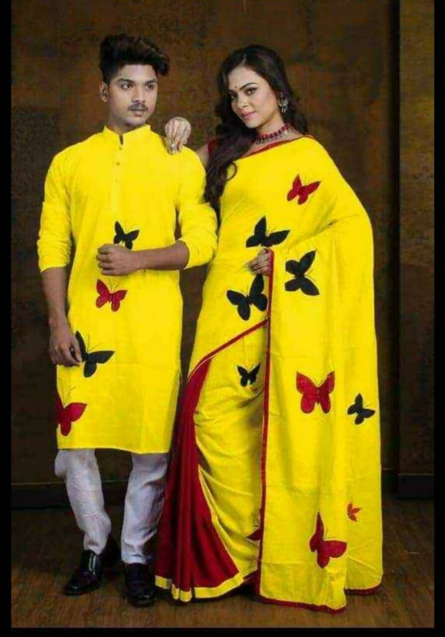 Exclusive Collection Saree With Blouse Piece For Women And Men's Kurta - Yellow