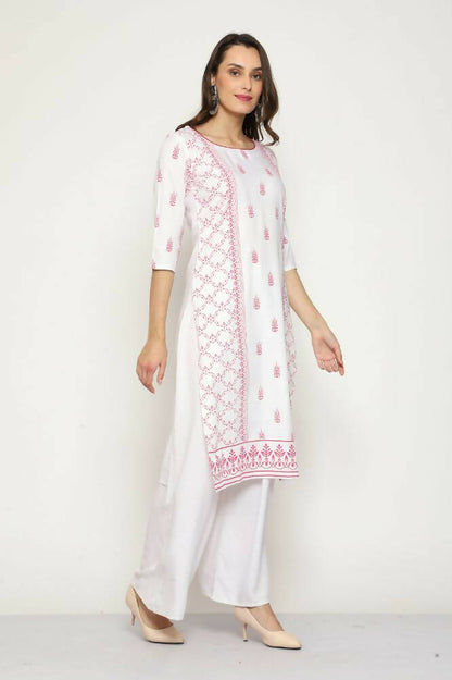 Maai Rayon Hand Printed Kurta Off-White