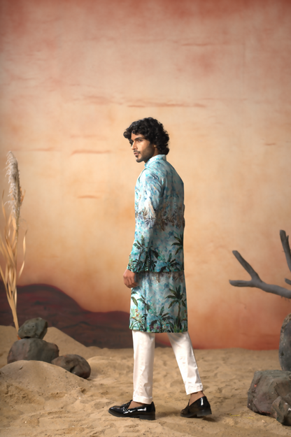 Palm Trees Relaxed Hues Printed Silk Nehru Jacket Set by Hilo Design