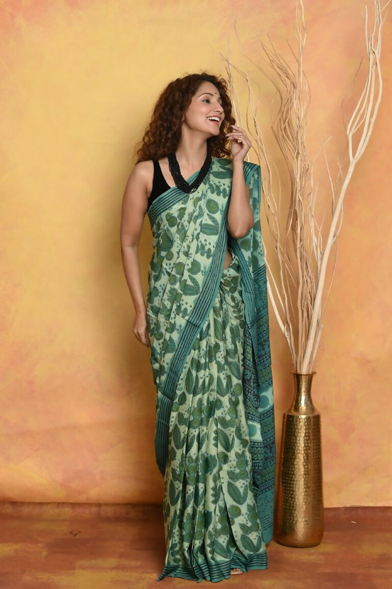 Very Much Indian Designer Modal Silk Saree With With Beautiful Floral Print - Sea Green