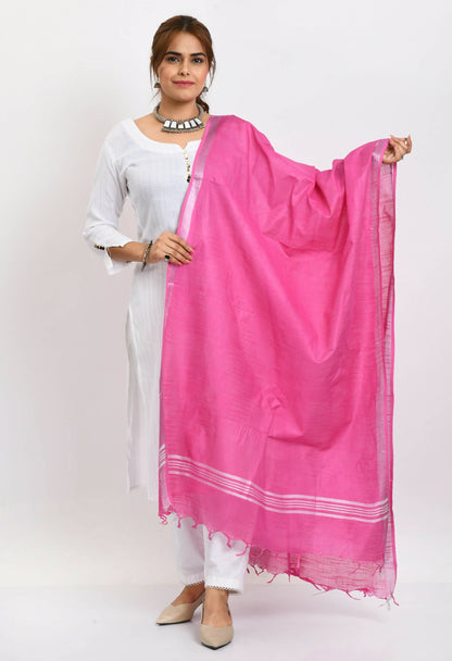 Mominos Fashion Moeza Women's Linen Cotton Silver Border Dark Pink Dupatta
