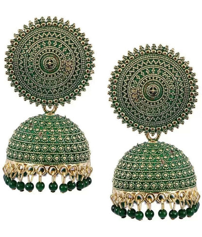 Mominos Fashion Joharkamal Gold-Polished Meenakari Jhumkas For Women & Girls (Green)