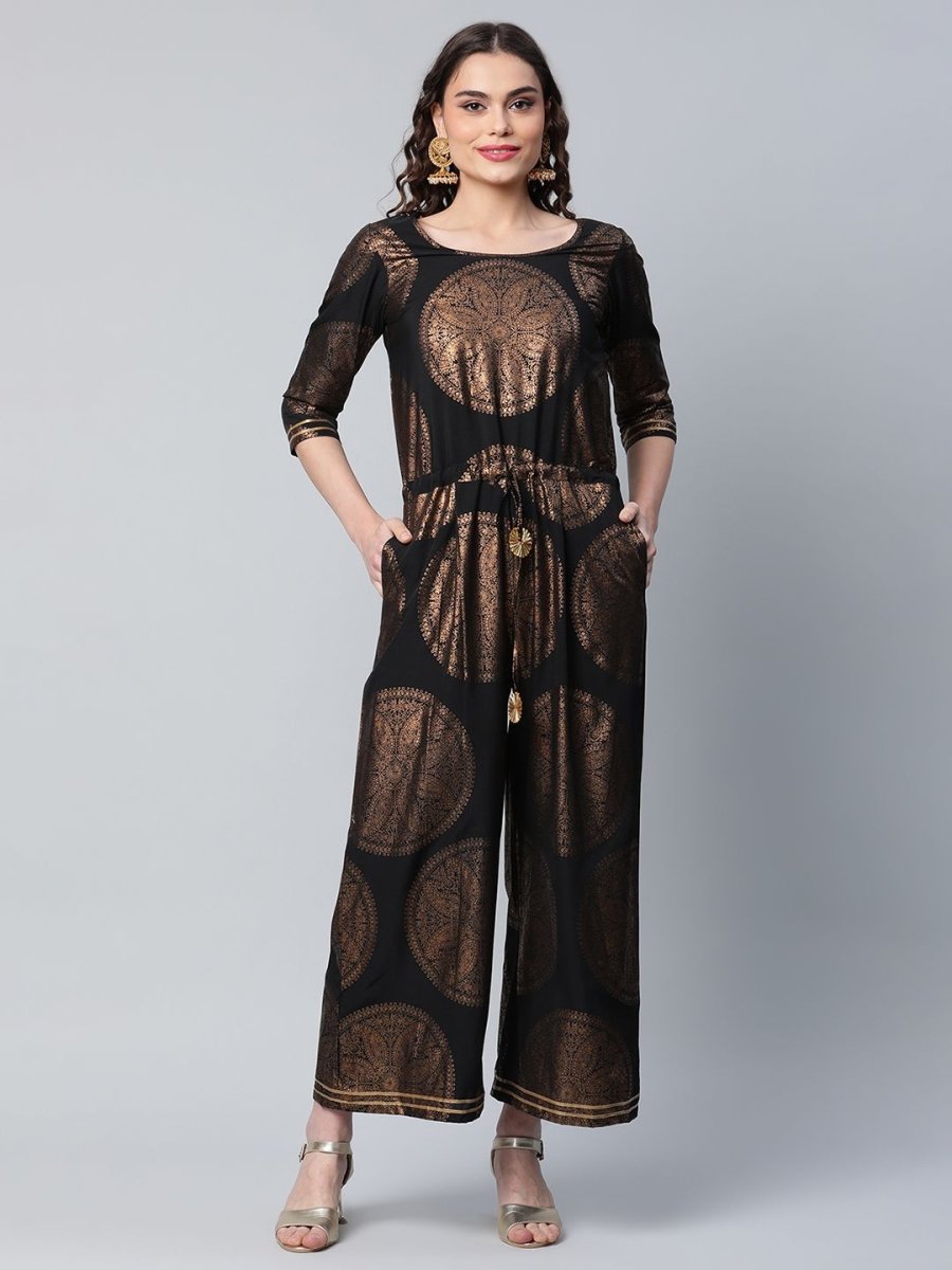 Ahalyaa Black Crepe Copper Foil Printed Jumpsuit