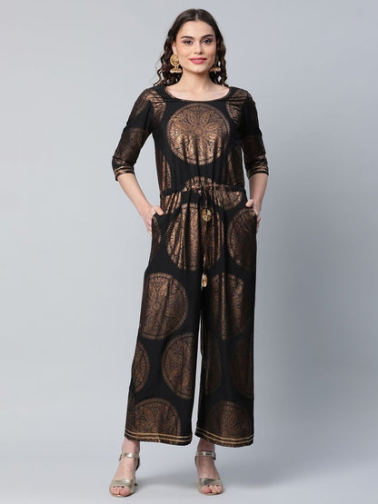 Ahalyaa Black Crepe Copper Foil Printed Jumpsuit