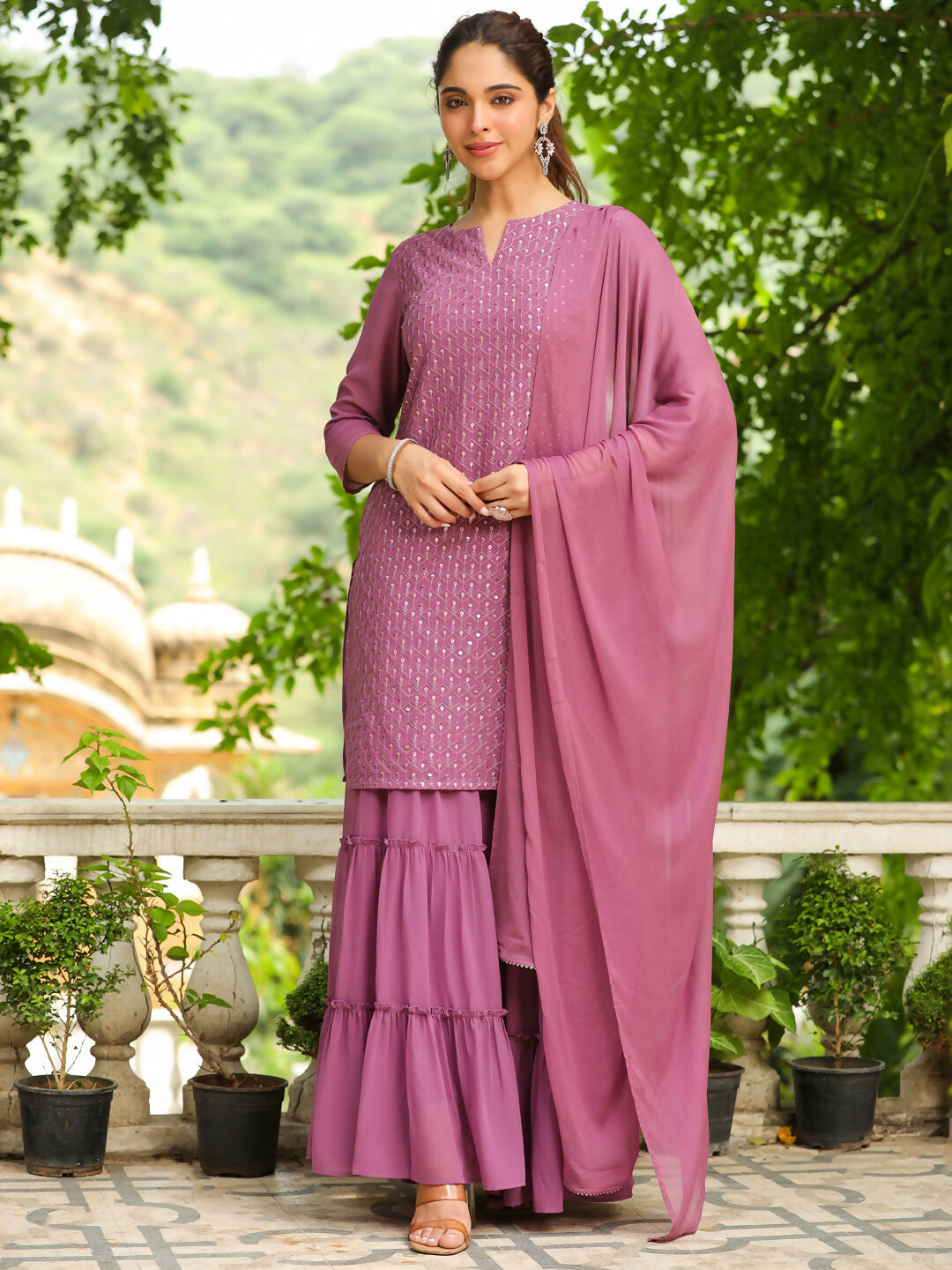Janasya Lavender Georgette Embroidered Kurta,Bottom & Dupatta