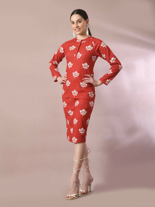 Myshka Women's Rust Printed Round Neck Party Top With Skirt Co-ord set