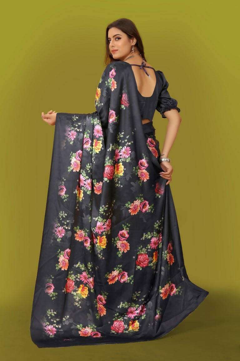 Aayaa Designer Printed Satin Saree - Multi Color