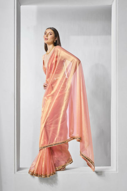 Orange Gold Tissue Net Solid & Gold Cotted Saree - Samaa