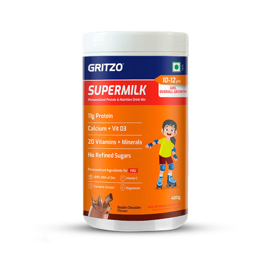 Gritzo SuperMilk Overall Growth (10-12y Girls), Zero Refined Sugar, 21 Vitamins & Minerals