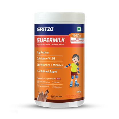 Gritzo SuperMilk Overall Growth (10-12y Girls), Zero Refined Sugar, 21 Vitamins & Minerals