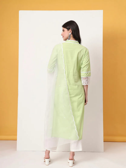 Yufta Premium Cotton Poplin Green Kurta Dupatta Pant Set