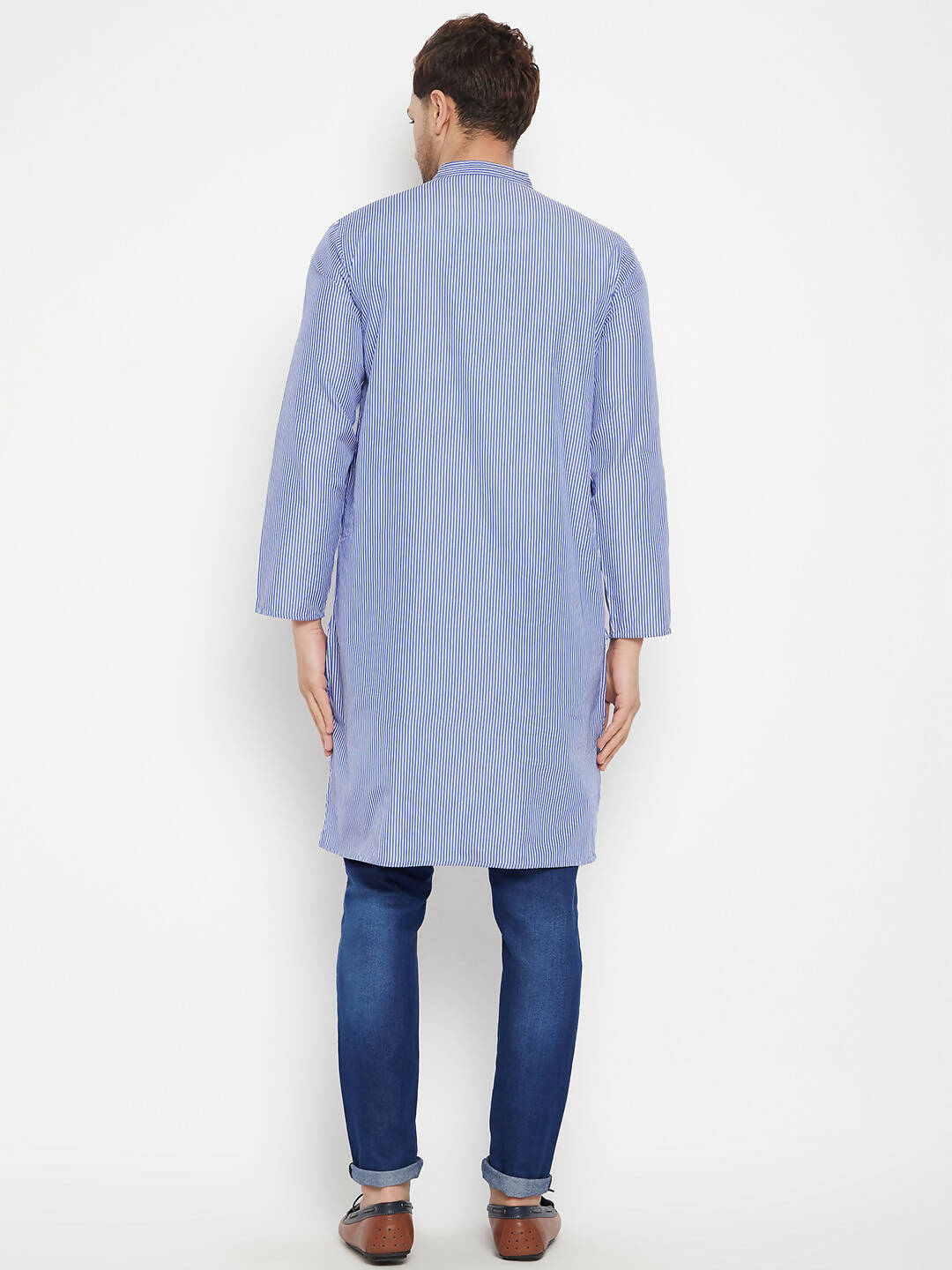 Even Apparels Blue Color Pure Cotton Long Men's Kurta With Band Collar