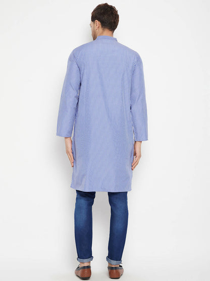 Even Apparels Blue Color Pure Cotton Long Men's Kurta With Band Collar