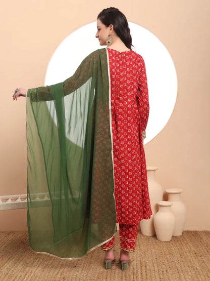 Yufta Pure Cotton Red Anarkali Kurta Dupatta Set