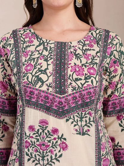 Yufta Purple And Beige Pure Cotton Floral Sequins Work Kurta Dupatta Set