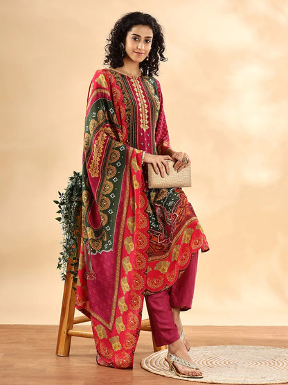 Yufta Purple And Green Silk Crepe Sequins Work Straight Kurta Dupatta Pant Set