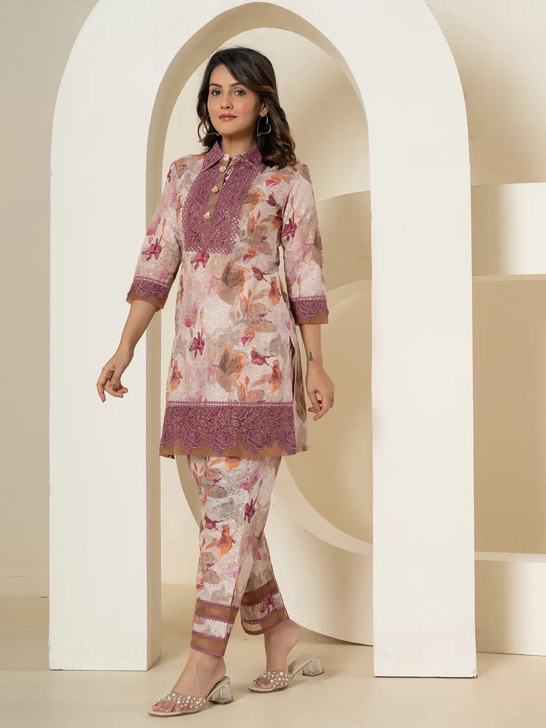 Yufta Purple Cotton Schiffli Co-Ord Set With Lace Detailing