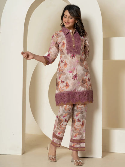 Yufta Purple Cotton Schiffli Co-Ord Set With Lace Detailing