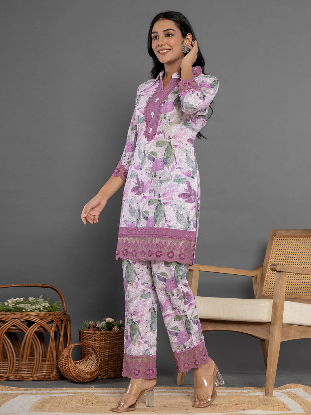 Yufta Purple Cotton Schiffli Co-Ord Set With Lace