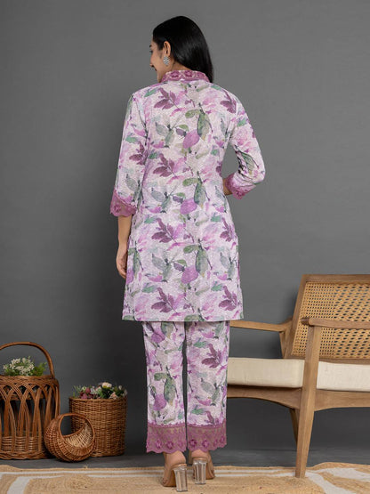 Yufta Purple Cotton Schiffli Co-Ord Set With Lace