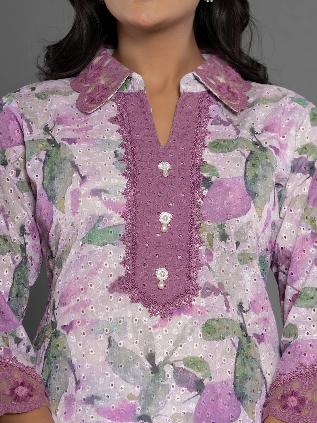 Yufta Purple Cotton Schiffli Co-Ord Set With Lace
