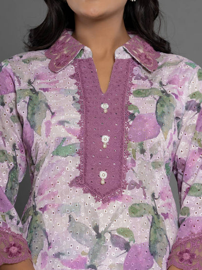 Yufta Purple Cotton Schiffli Co-Ord Set With Lace