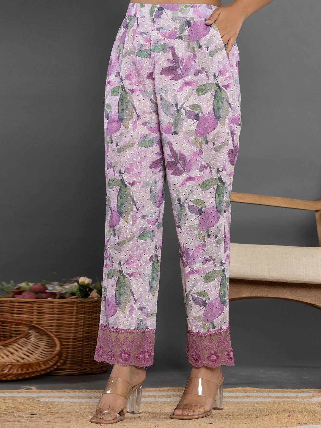 Yufta Purple Cotton Schiffli Co-Ord Set With Lace