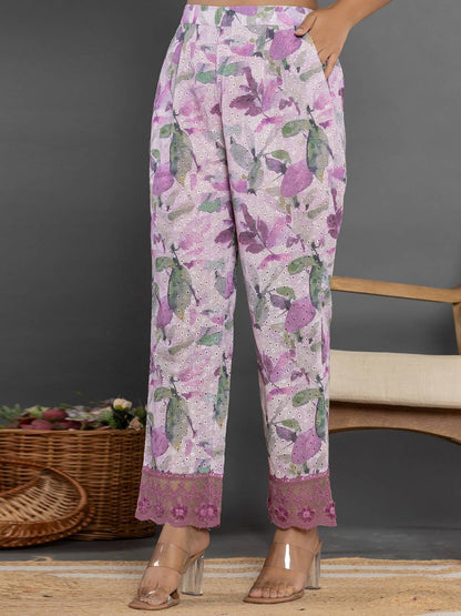 Yufta Purple Cotton Schiffli Co-Ord Set With Lace