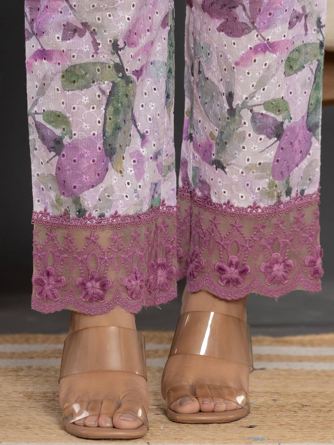 Yufta Purple Cotton Schiffli Co-Ord Set With Lace