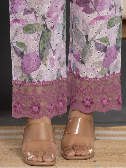 Yufta Purple Cotton Schiffli Co-Ord Set With Lace