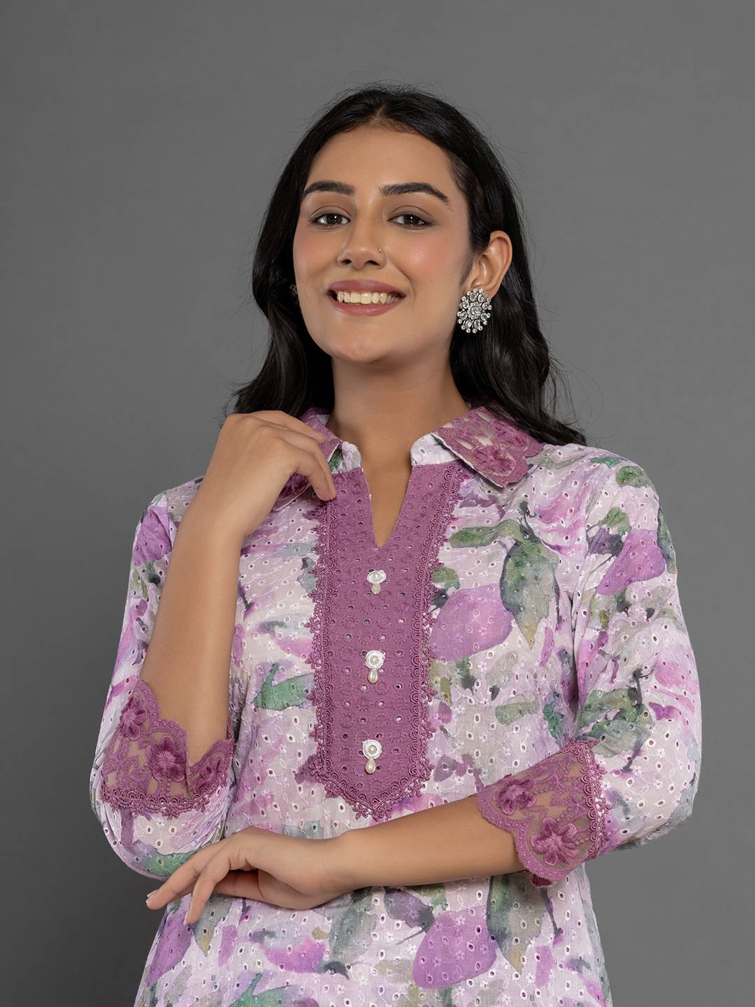 Yufta Purple Cotton Schiffli Co-Ord Set With Lace