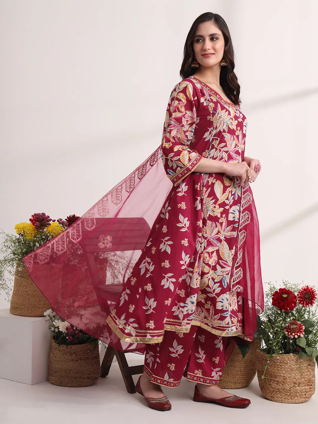 Yufta Purple Floral Print A-Line Kurta Trouser And Dupatta Set