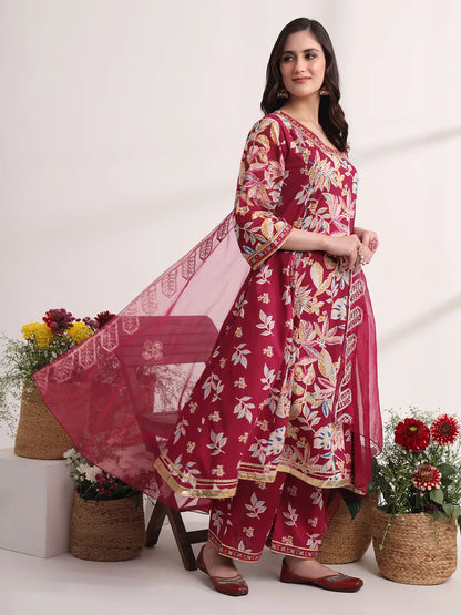 Yufta Purple Floral Print A-Line Kurta Trouser And Dupatta Set