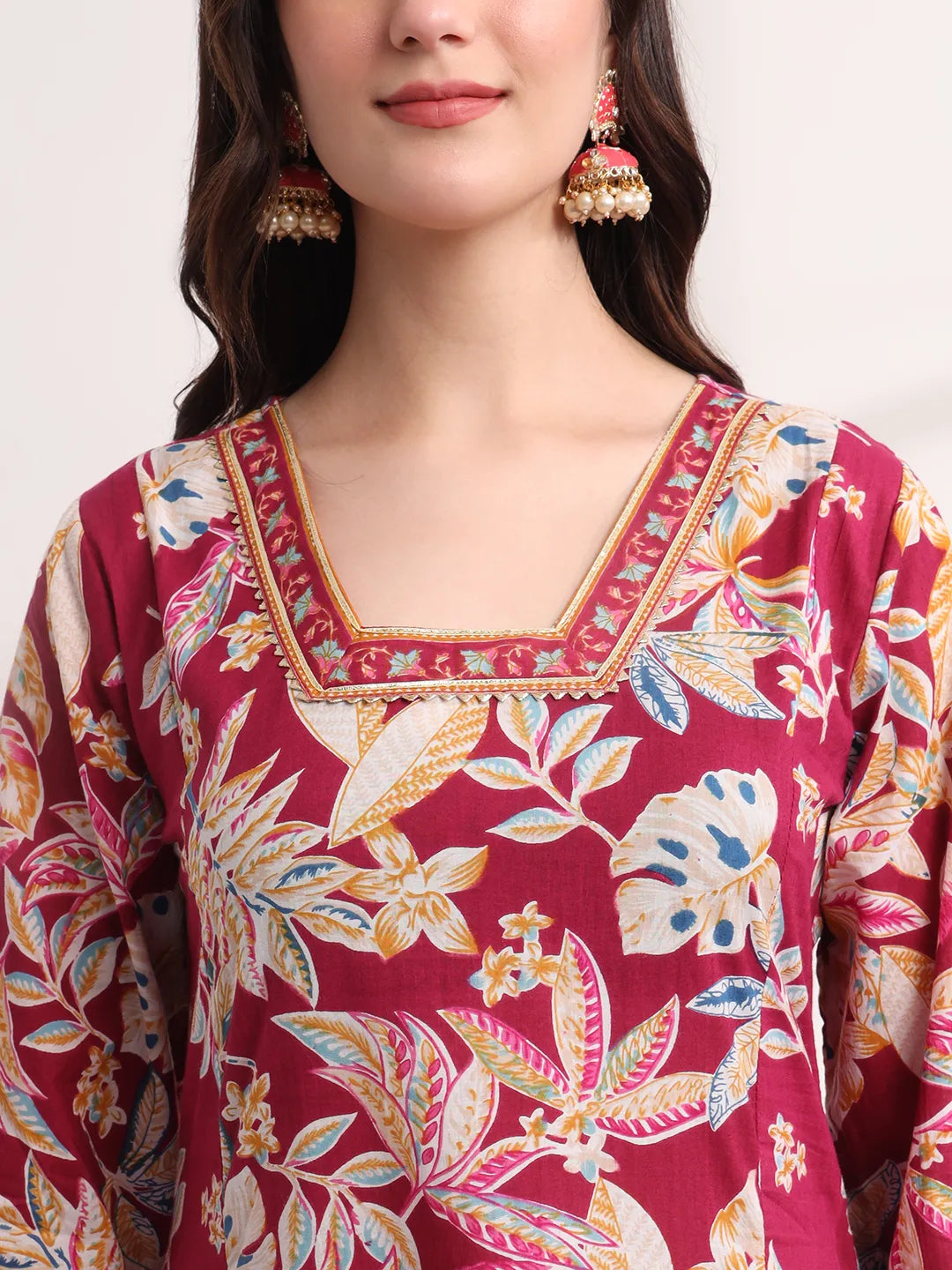 Yufta Purple Floral Print A-Line Kurta Trouser And Dupatta Set