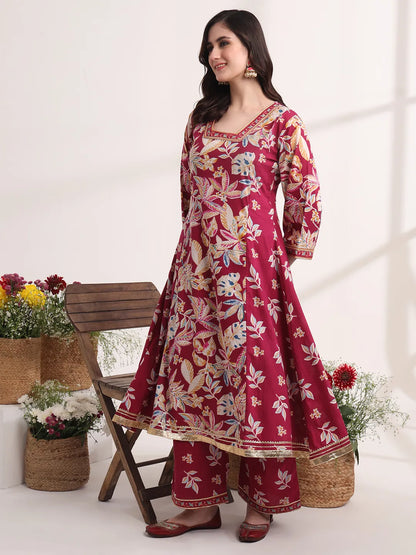 Yufta Purple Floral Print A-Line Kurta Trouser And Dupatta Set
