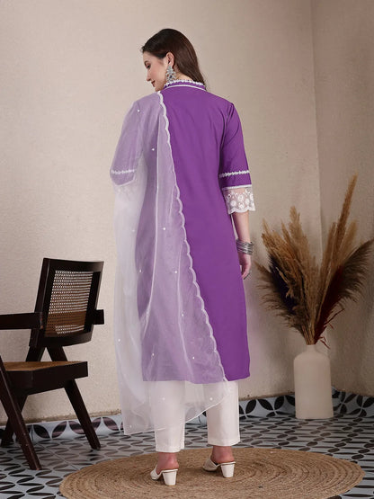 Yufta Purple Premium Cotton Kurta Dupatta Pant Set