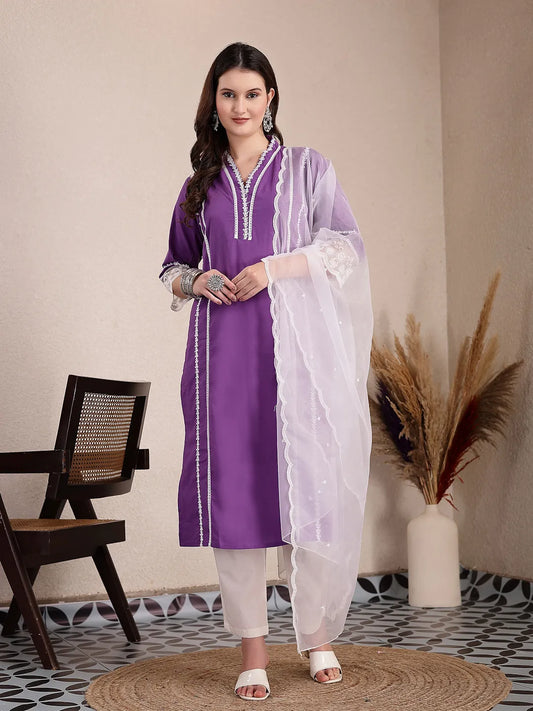 Yufta Purple Premium Cotton Kurta Dupatta Pant Set