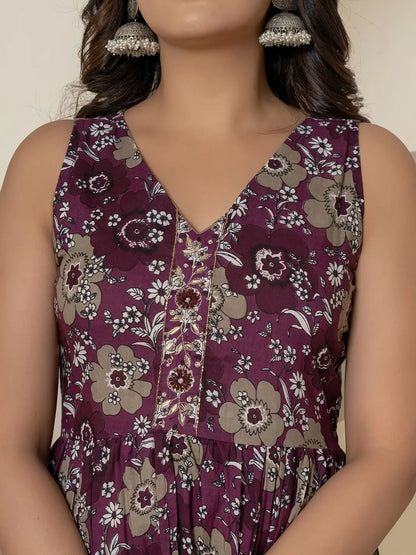 Yufta Purple Pure Cotton Fit And Flare Tiered Kurta Trouser & Dupatta Set
