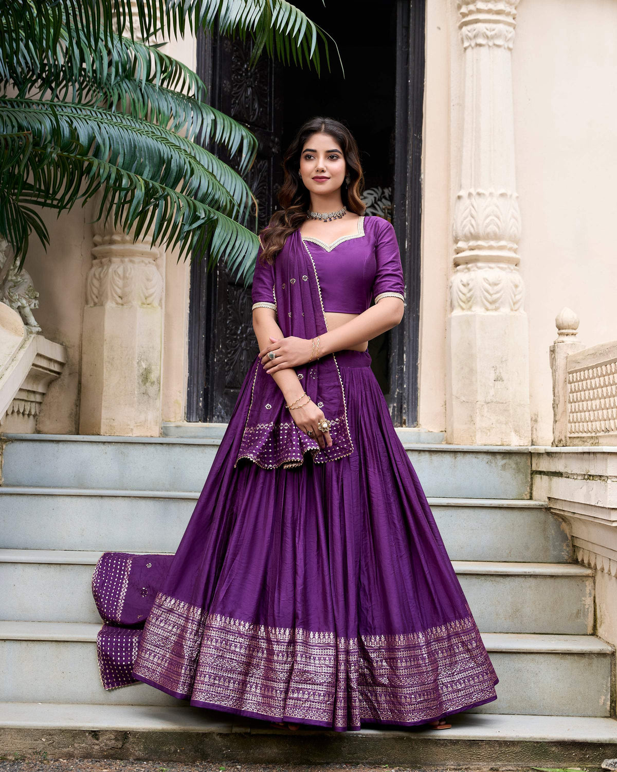 Evanik Women Pure Chanderi Plain With Zari Weaving Work Border Stitched Lehenga With Unstitched Blouse Dupatta(Up to 42)
