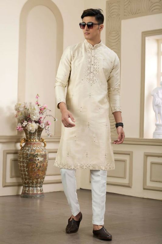 Raivat Ethnic Banarasi Art Silk Thread and Mirror Work Kurta Pajama In Beige Colour
