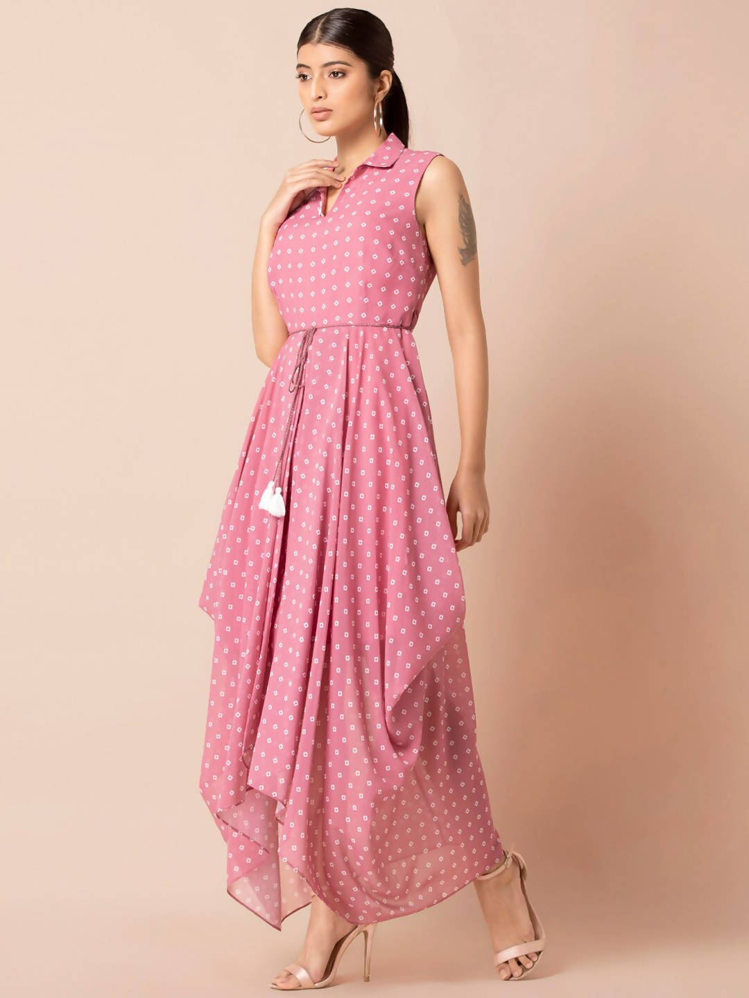 Indya Pink & White Bandhani Printed Maxi Dress