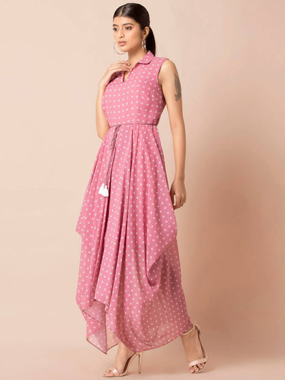 Indya Pink & White Bandhani Printed Maxi Dress