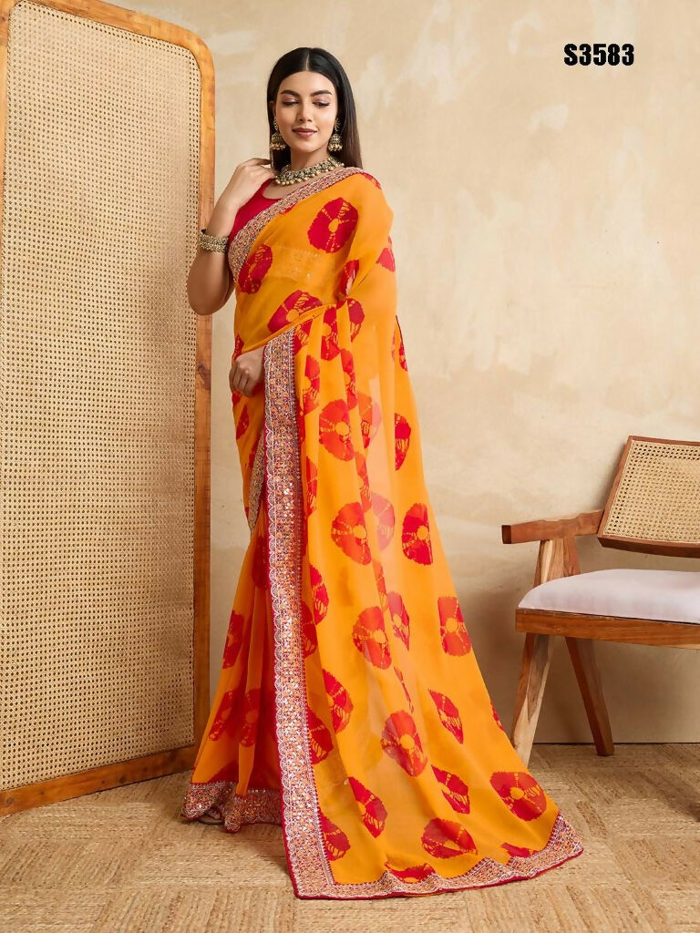 Yellow Georgette Printed Designer, Embroidery Work Lace Border Saree - Aarvi