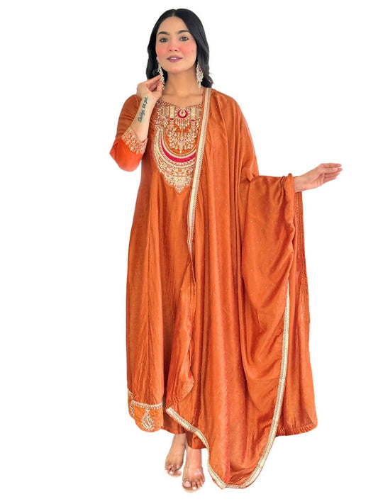 The52 Rust Women's Gorgeous Embroidered Vichitra Silk Fabric Flared Kurta, Pant and Dupatta Set