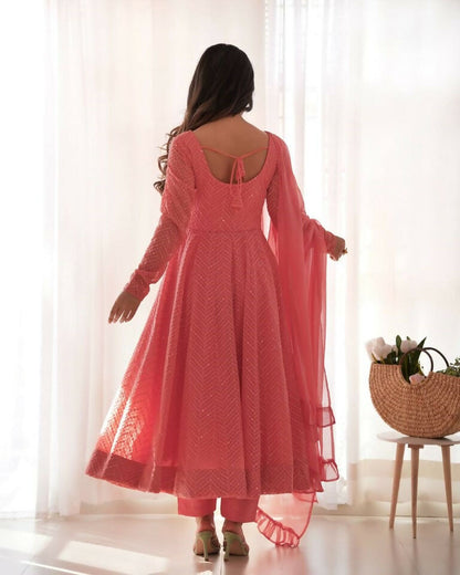 Teeya Creation Peach Color Heavy Embroidery Work Georgette Fabric Wedding Wear Gown