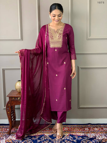 Partywear Designer Rayon Slub Wine Stitched Suit With Dupatta - Tanisha